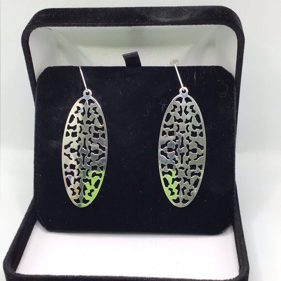 Sterling Silver Oval Cutout Dangle Earrings Hook 5.3g Modern Abstract Design - Picture 9 of 15